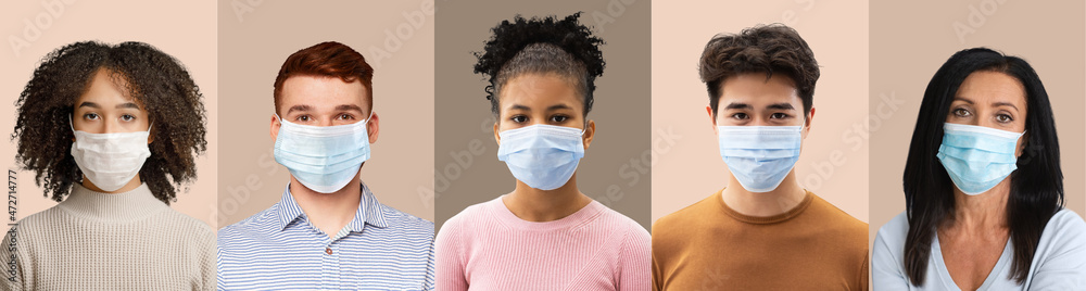 Headshot millennial and mature multiracial persons in protective masks isolated on colorful backgrounds, prevent flu