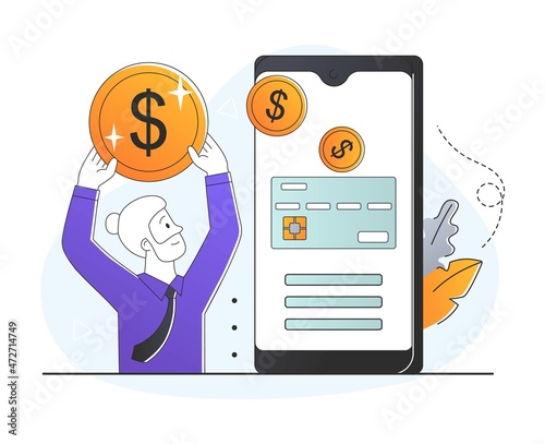 Fees and funding. Grandfather changes money to card. Electronic payments, online transfers. Map in mobile phone, modern technology. Character with coins in hands. Cartoon flat vector illustration