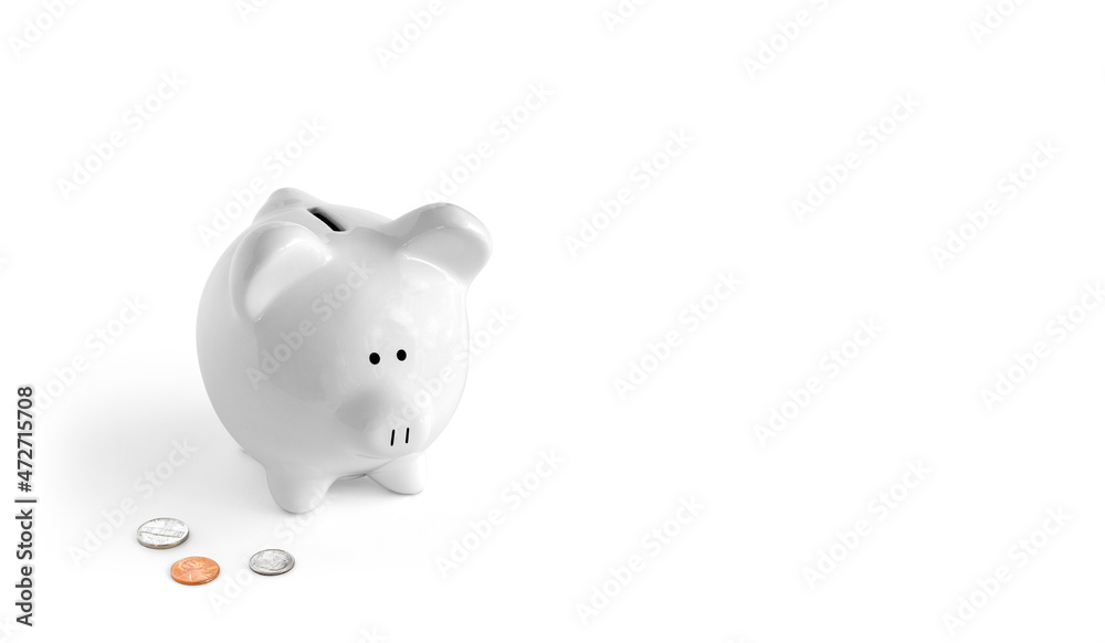 piggy bank with US coins, white piggy with white background bottom left