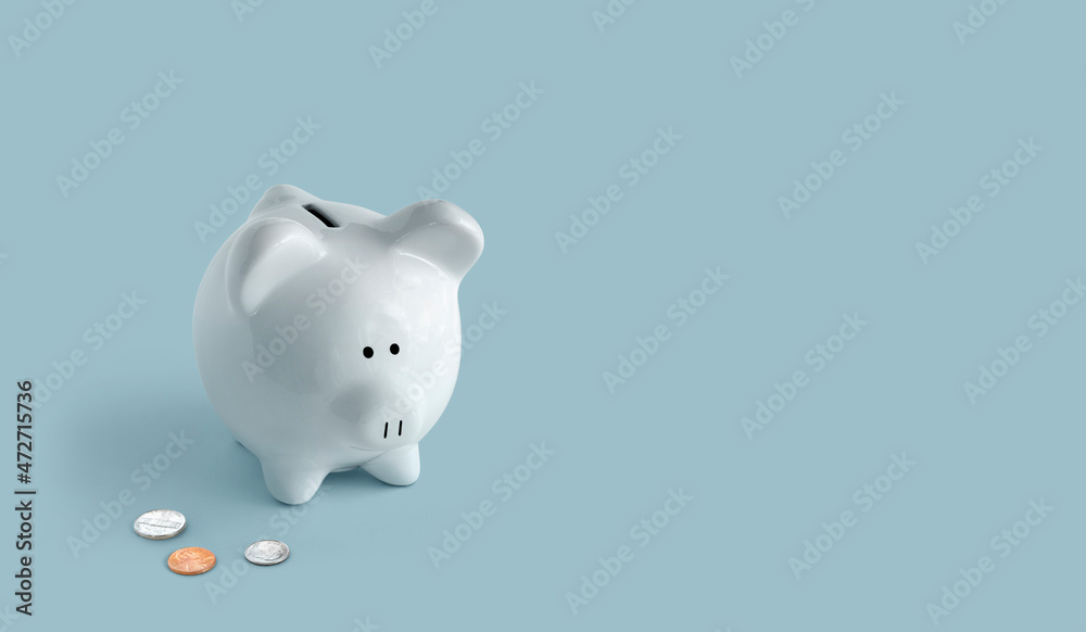 piggy bank with US coins, white piggy with blue background bottom left corner