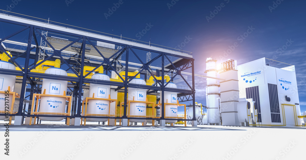 Thorium reactor. salt energy storage natrium sodium nuclear reactor power plant on a sunny day. Molden Salt energy storage is a future energy concept. 3d rendering