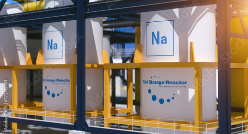 Thorium reactor. salt energy storage natrium sodium nuclear reactor power plant on a sunny day. Molden Salt energy storage is a future energy concept. 3d rendering