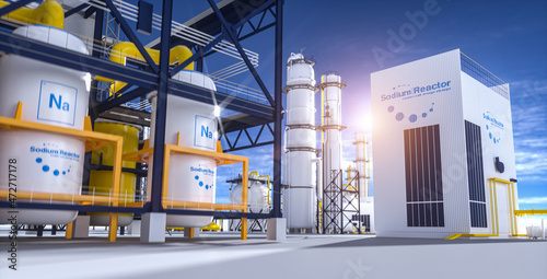 salt energy storage natrium sodium nuclear reactor power plant on a sunny day. Molden Salt energy storage is a future energy concept. 3d rendering