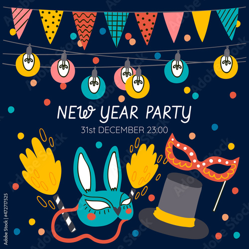 New year party invitation template in hand drawn flat style
