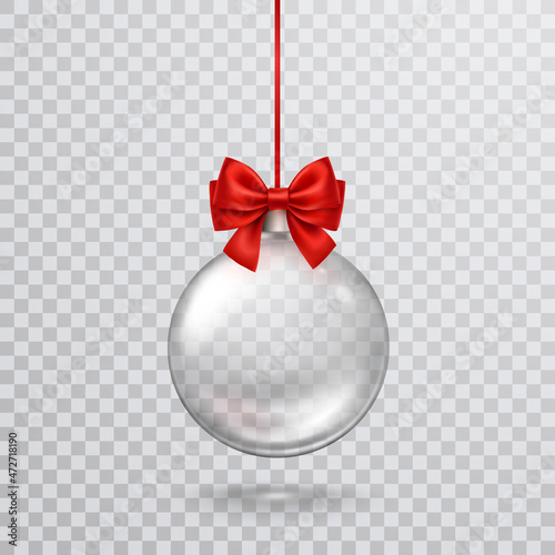 Christmas tree empty ball with ribbon isolated on transparent background. Vector translucent clear glass xmas bauble and red bow template