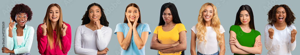 Group of diverse attractive young happy, offended, excited and pensive ladies Group of diverse attractive young happy, offended, excited and pensive ladies