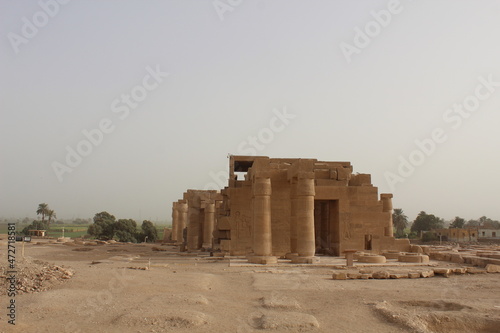 The full view of the Ramesseum mortuary temple with its columns in Luxor in Egypt
