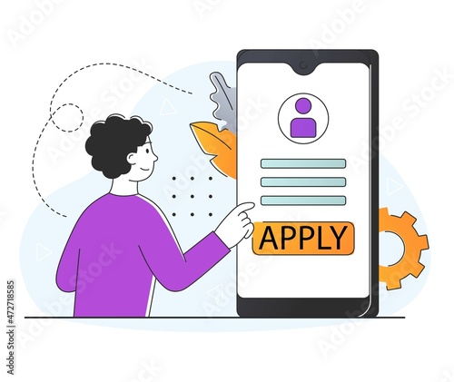 Apply for jobs. Man agrees to job offer. Character presses button on mobile phone. Candidate has successfully passed interview. Modern technology, online, internet. Cartoon flat vector illustration