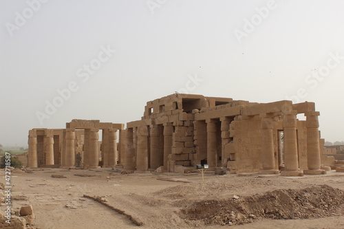 The full view of the Ramesseum mortuary temple with its columns in Luxor in Egypt