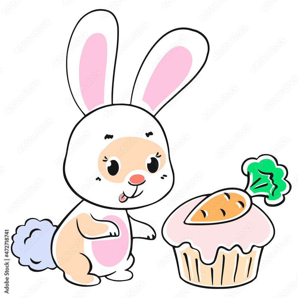 Obraz premium cute baby hare looking at a cake eating on a white background, vector illustration.