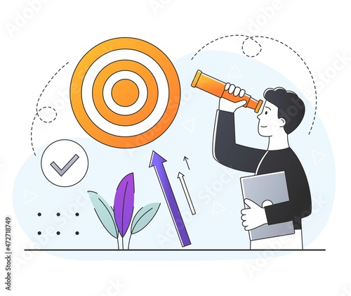 Concept of career advice. Man looks at his target through binoculars. Assignments, dreams. Employee looking for new position. Selfdevelopment, obtaining useful skills. Cartoon flat vector illustration