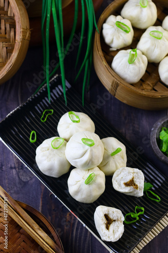 Canvas Print Bakpao Ayam or Chicken steamed buns on bamboo steamer