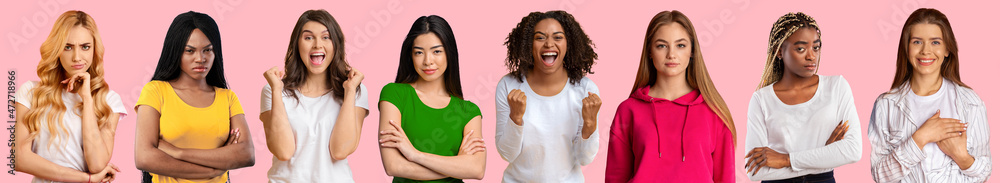 Group of pretty multiracial millennial females express different facial emotions Group of pretty multiracial millennial females express different facial emotions
