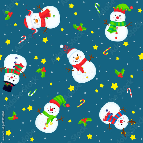 Christmas seamless pattern with snowmen, stars, candy canes and snowflakes. Colorful winter cartoon background. New year vector illustration.