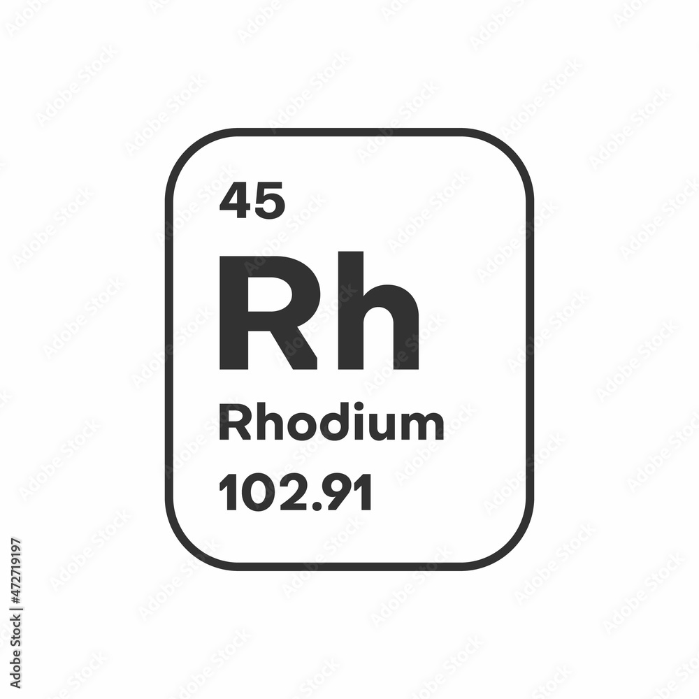 Symbol of chemical element Rhodium as seen on the Periodic Table of the Elements, including atomic number and atomic weight. illustration
