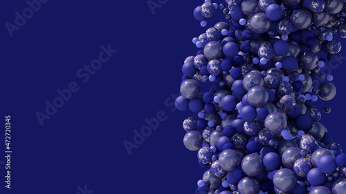 Blue textured balls. Blue background. Abstract illustration, 3d render. Copy space.