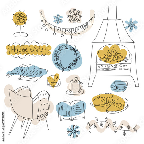 Set Doodle linear objects of the cozy home Hygge Winter Decorations, fireplace, candle, book, mug and comfortable armchair. Vector illustration in Scandinavian, Nordic style. Hand drawn line art.