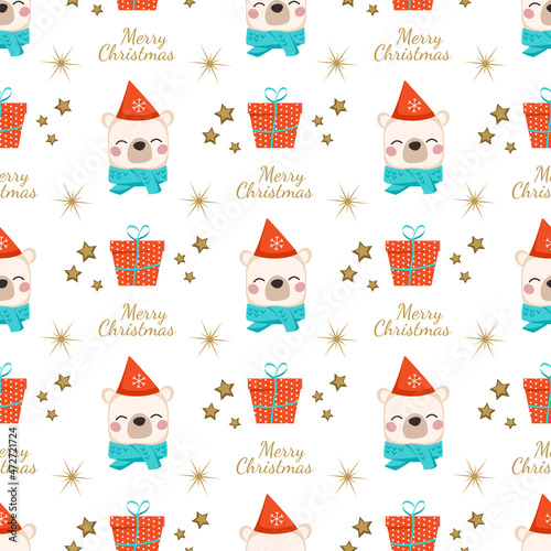 Seamless pattern with polar bear, text merry Christmas and gift box. Festive print, holiday decorations for New Year and Christmas. Funny animals with caps and bows. Vector flat illustration