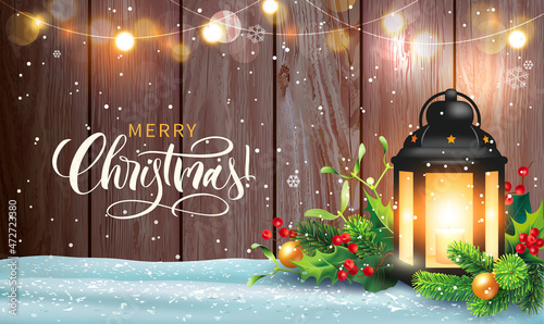 Christmas greeting card with ancient lantern and floral decoration. Vector illustration.
