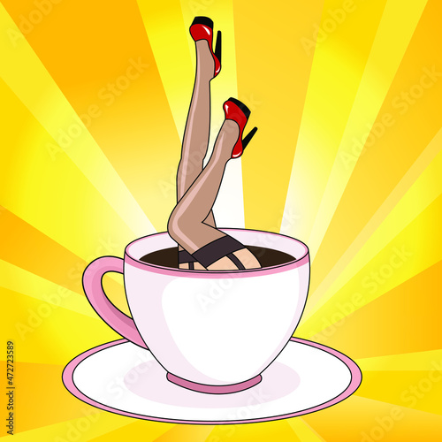 Creative conceptual vector illustration. Pinup vintage retro Woman wearing stockings and high heels in a cup of coffee.