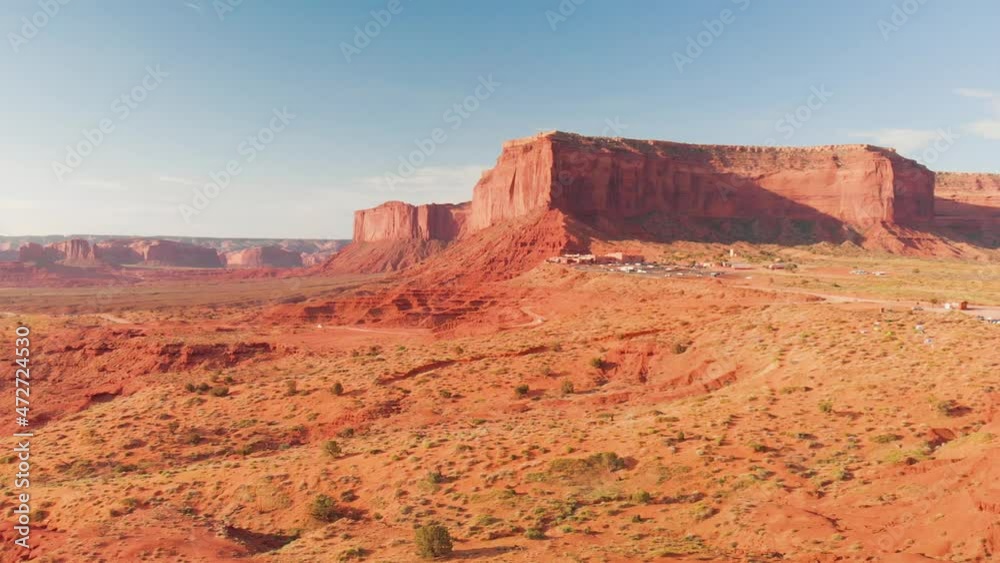 Panoramic view of Monument Valley landscape and buttes from drone on a sunny day, USA Panoramic view of Monument Valley landscape and buttes from drone on a sunny day, USA