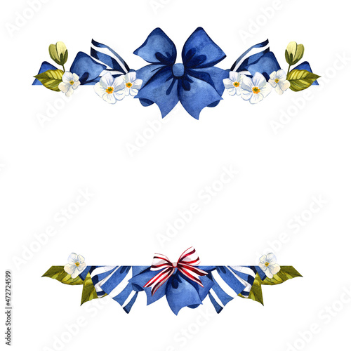 Watercolor illustration of white flowers and blue bows with leaves. Horizontal banner with silk satin ribbons. Images are hand-drawn and isolated on white background.