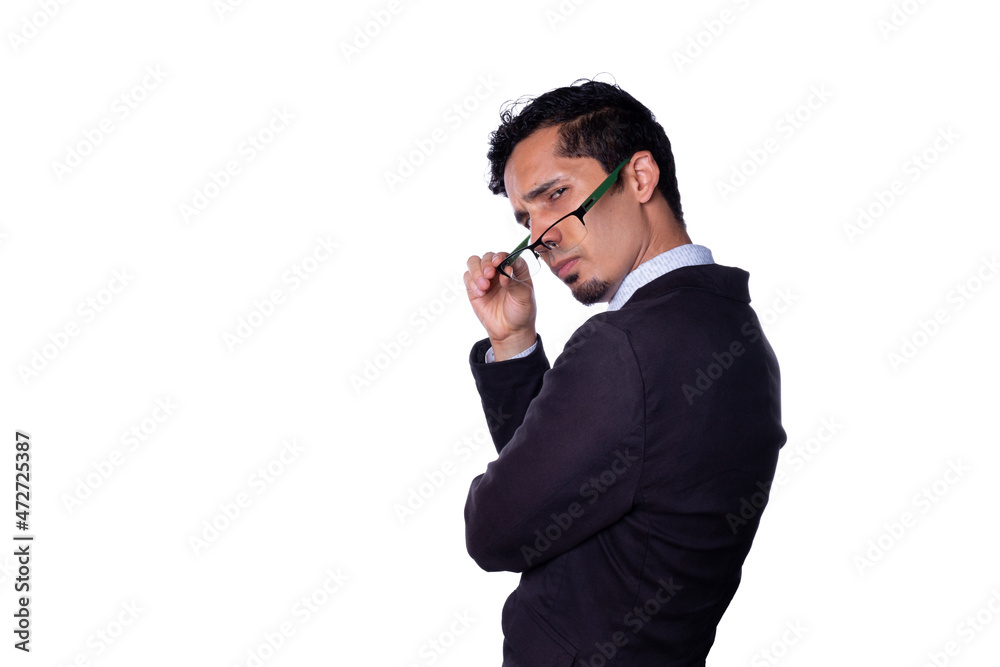 Attractive businessman posing and taking off glasses with sexy look, isolated on all-white background. Attractive businessman posing and taking off glasses with sexy look, isolated on all-white background.