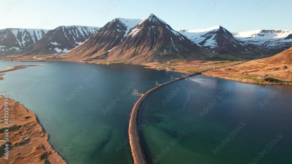 Drone Over Empty Road Over Fjords Towards Mountains