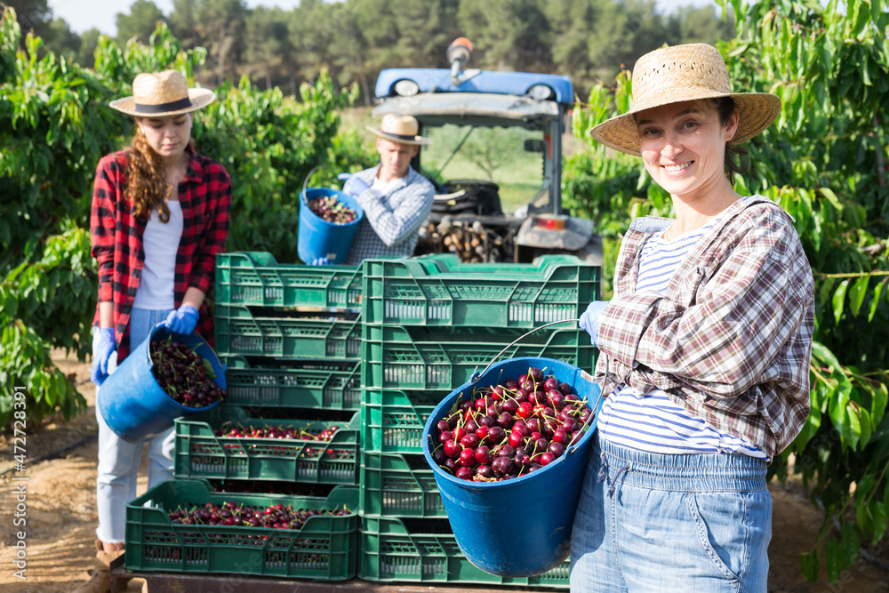 Φωτογραφία Portrait of cheerful woman farmer standing in farm orchard during harvest of rip