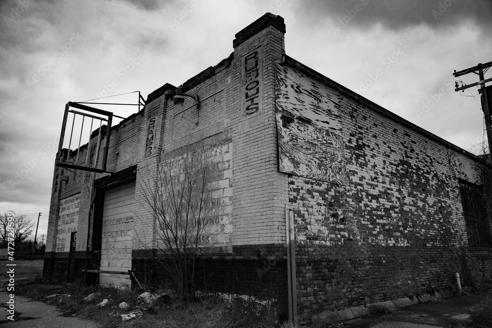 Abandoned building in Detroit, Michigan in black and white. Abandoned building in Detroit, Michigan in black and white.