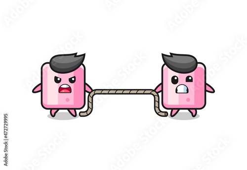 cute marshmallow character is playing tug of war game.