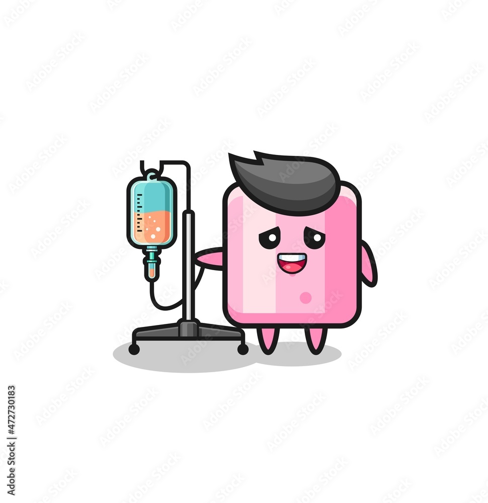 cute marshmallow character standing with infusion pole.