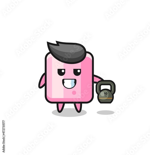 marshmallow mascot lifting kettlebell in the gym.