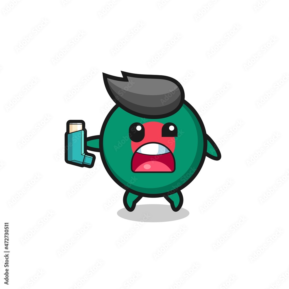 bangladesh flag mascot having asthma while holding the inhaler.