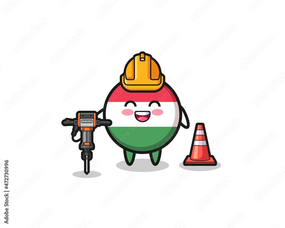 road worker mascot of hungary flag holding drill machine. road worker mascot of hungary flag holding drill machine.