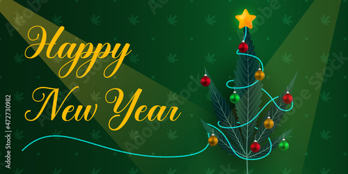 Illustration New Year card. Cannabis leaf decorated instead of Christmas tree. With neon Christmas lights and ball toys. With a green background and silhouette pattern.