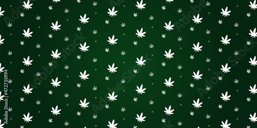 Icon cannabis, marihuana, ganja pattern on a green background. Tile pattern. White repeating silhouette of a Sativa leaf. Different sizes and opacity.