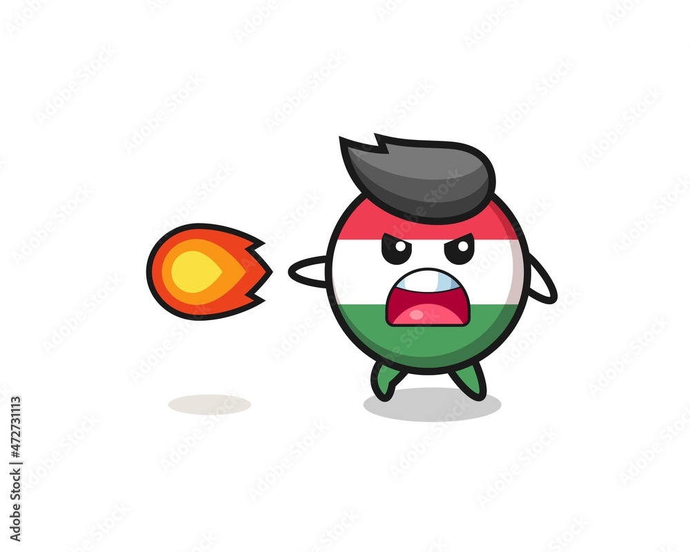 cute hungary flag mascot is shooting fire power.