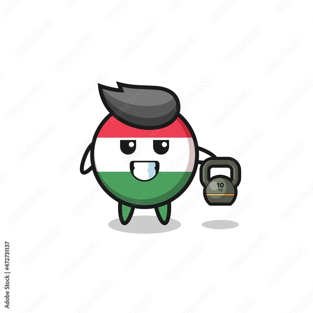 hungary flag mascot lifting kettlebell in the gym.