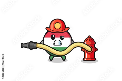 hungary flag cartoon as firefighter mascot with water hose.