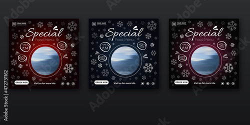 Christmas food offer social media post template design set. Editable square banners with snowflakes decoration for restaurants and hotels. For web internet ads, banner and promos.