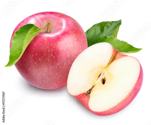 Pink Apple isolated on white background, Fresh Pink Apple with leaf on white background, With clipping path.