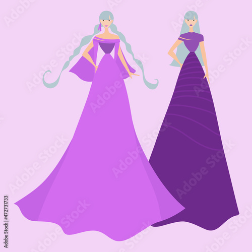 Grey Hair Twins Princess with Pink Purple Dress