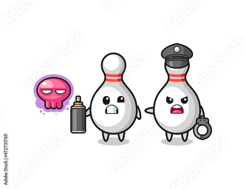 bowling pin cartoon doing vandalism and caught by the police