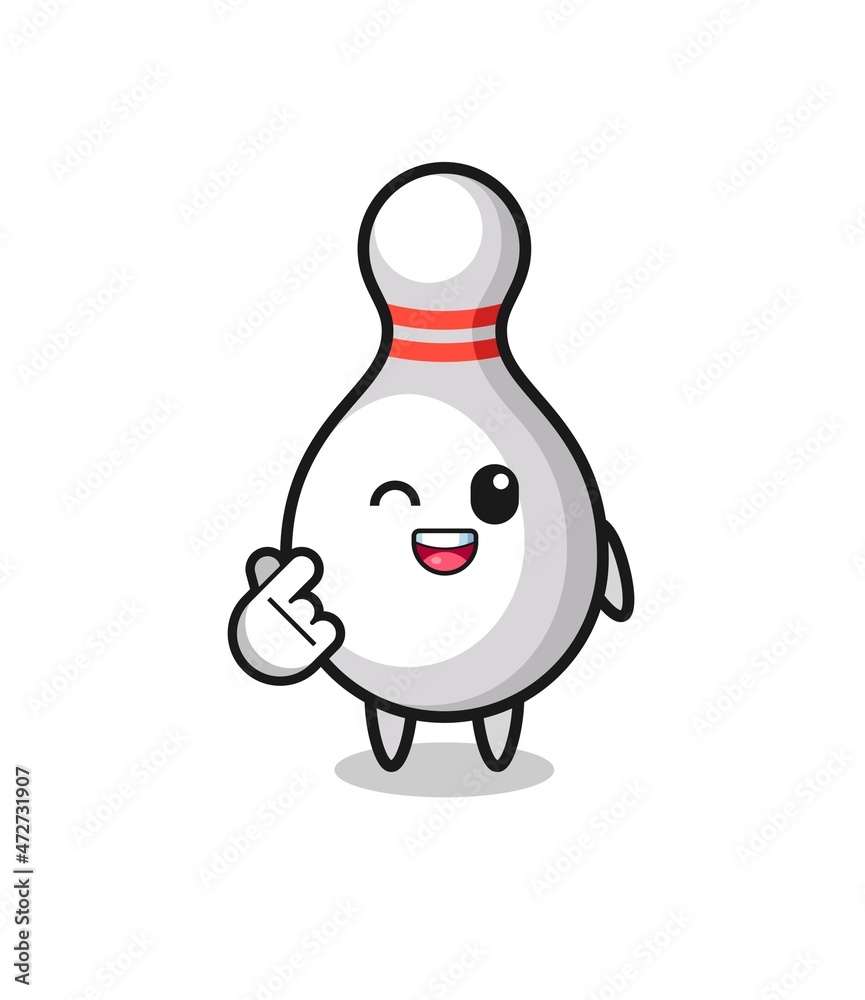 bowling pin character doing Korean finger heart
