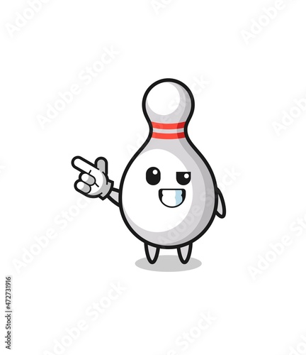 bowling pin mascot pointing top left