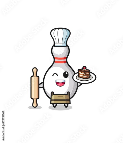 bowling pin as pastry chef mascot hold rolling pin