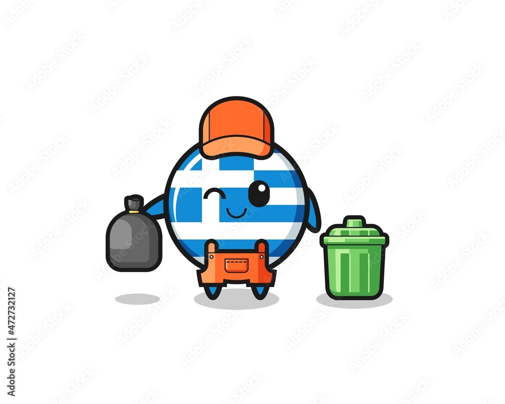 the mascot of cute greece as garbage collector