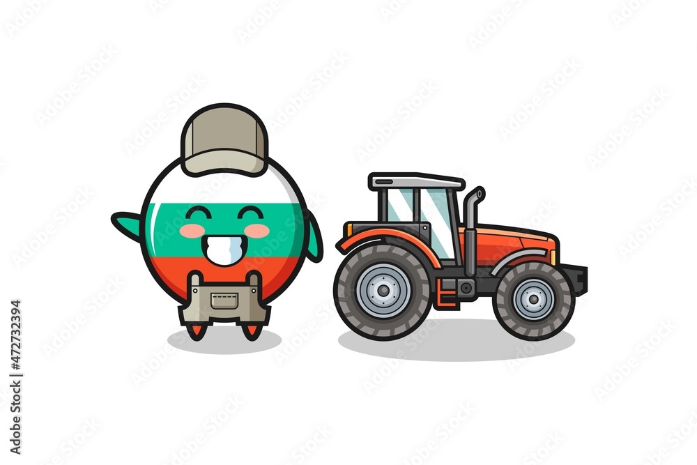 the bulgaria flag farmer mascot standing beside a tractor
