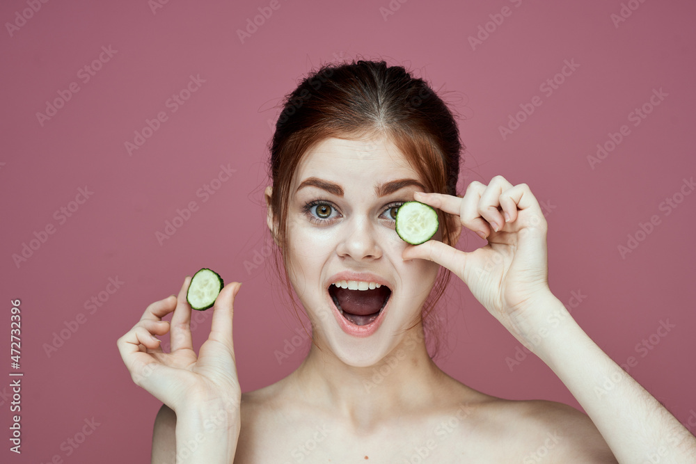 cheerful woman cucumbers vitamins clean skin health cheerful woman cucumbers vitamins clean skin health